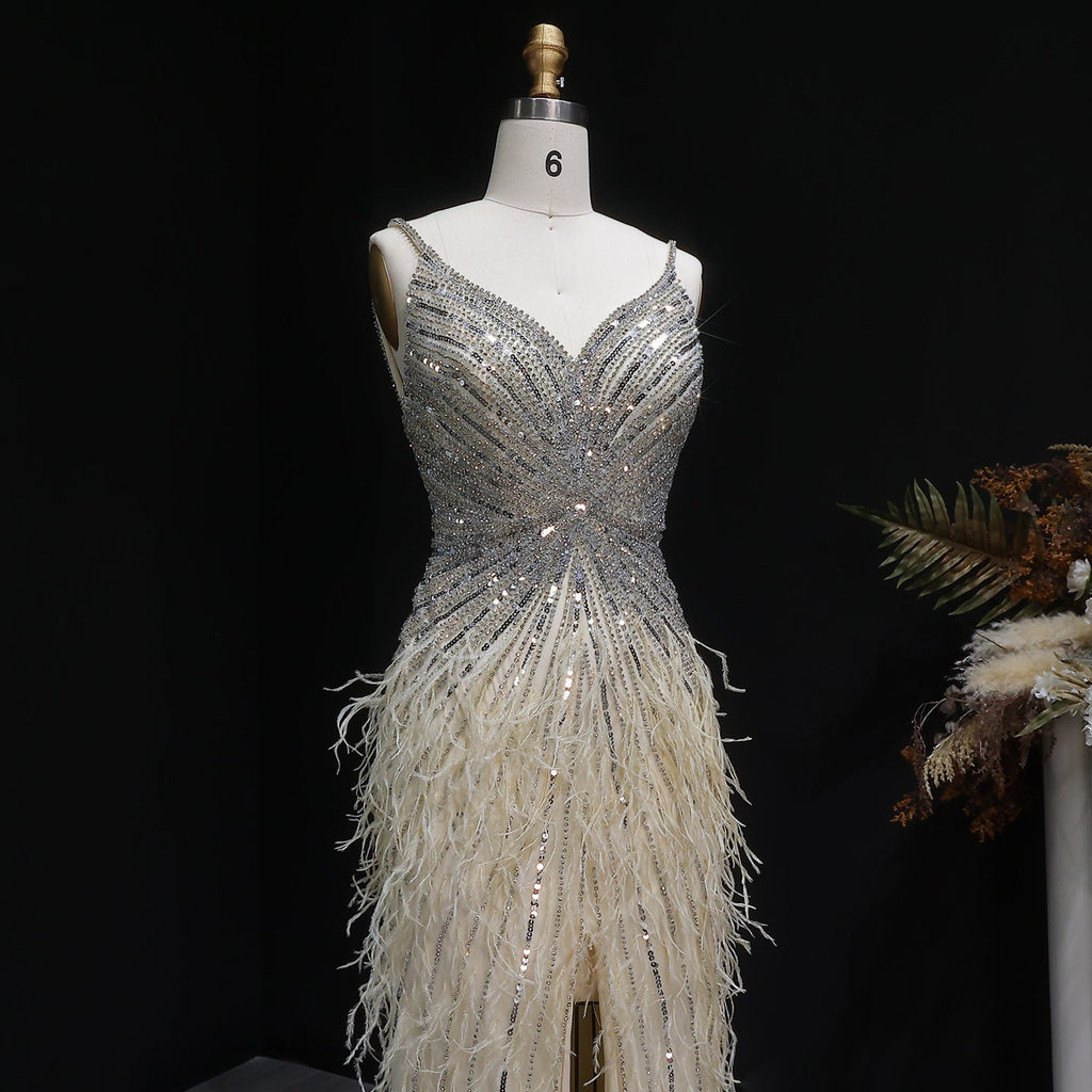 Luxury Beaded Blue Mermaid Feathers Evening Dress SS004
