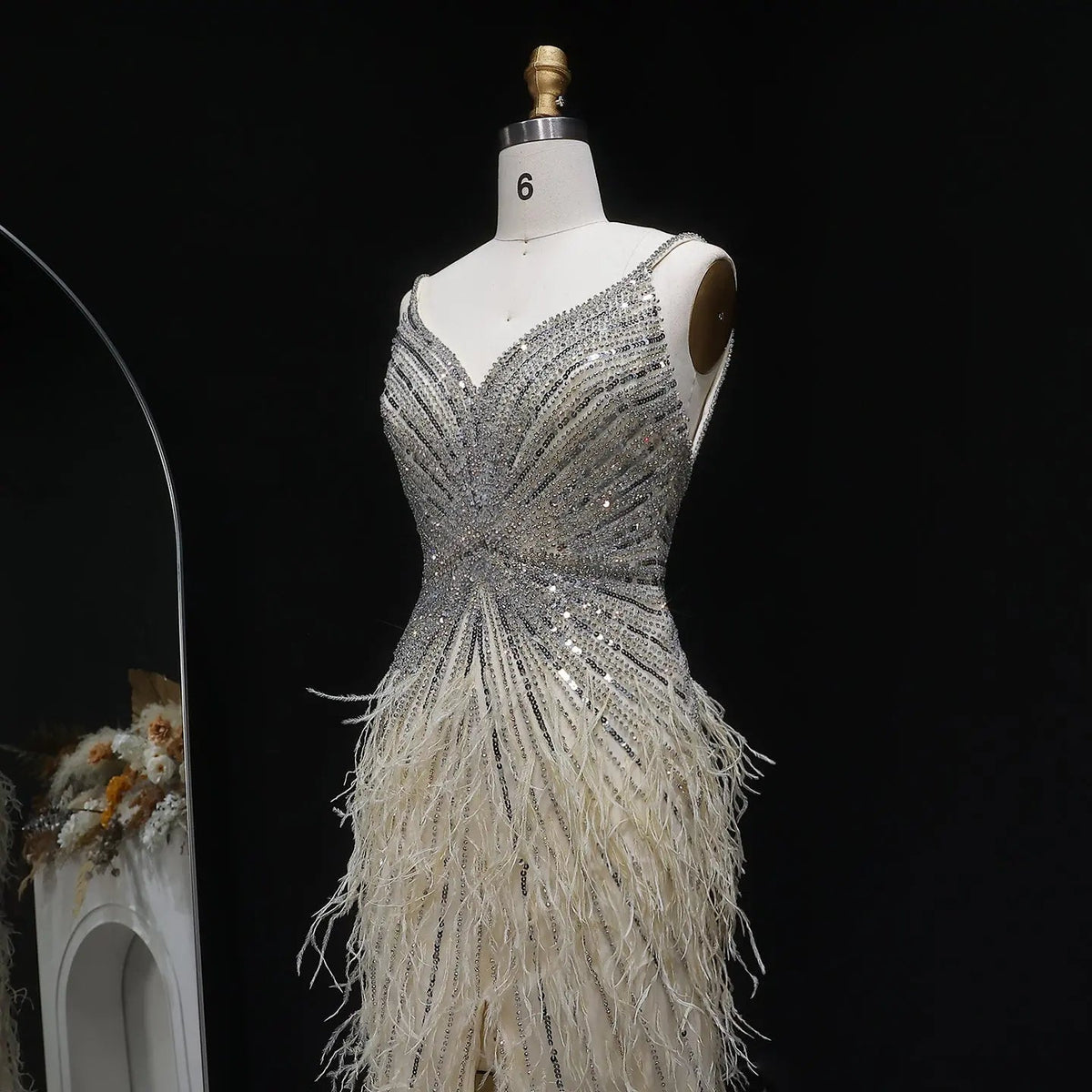 Luxury Beaded Blue Mermaid Feathers Prom Dress SS004