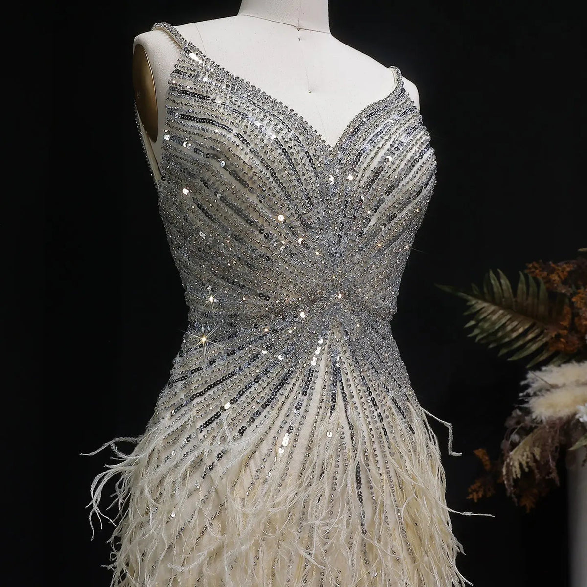 Luxury Beaded Blue Mermaid Feathers Prom Dress SS004