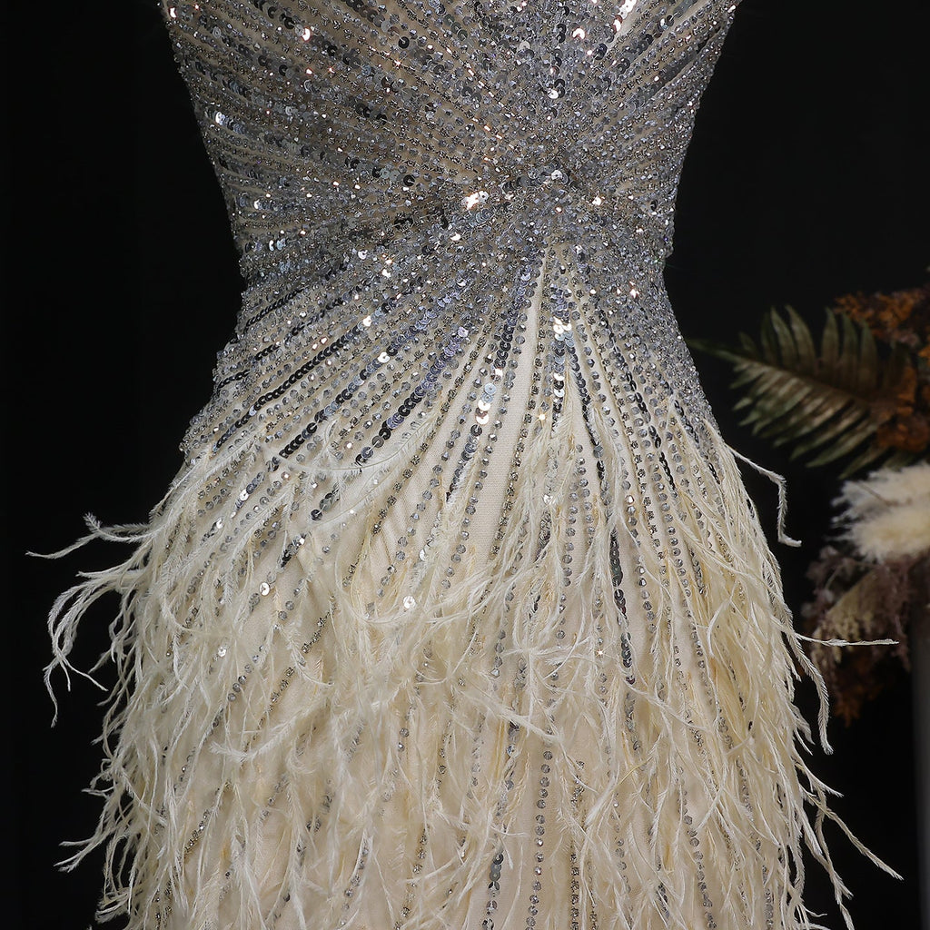 Luxury Beaded Blue Mermaid Feathers Evening Dress SS004