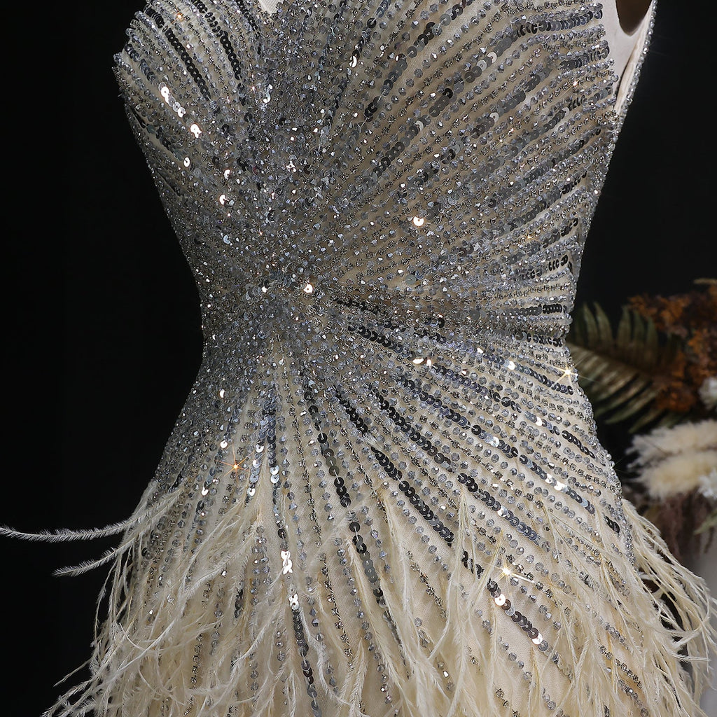 Luxury Beaded Blue Mermaid Feathers Evening Dress SS004