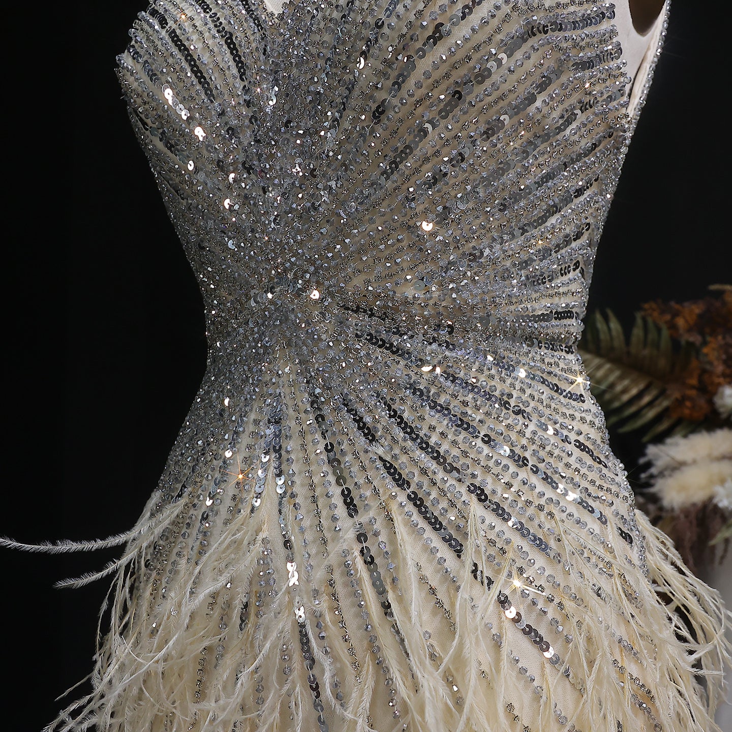 Luxury Beaded Blue Mermaid Feathers Evening Dress SS004