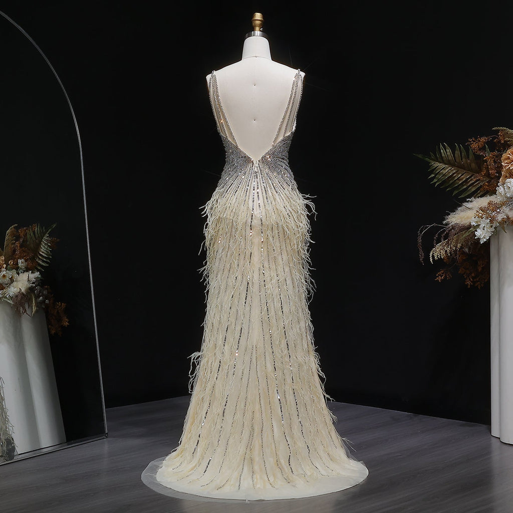 Luxury Beaded Blue Mermaid Feathers Evening Dress SS004