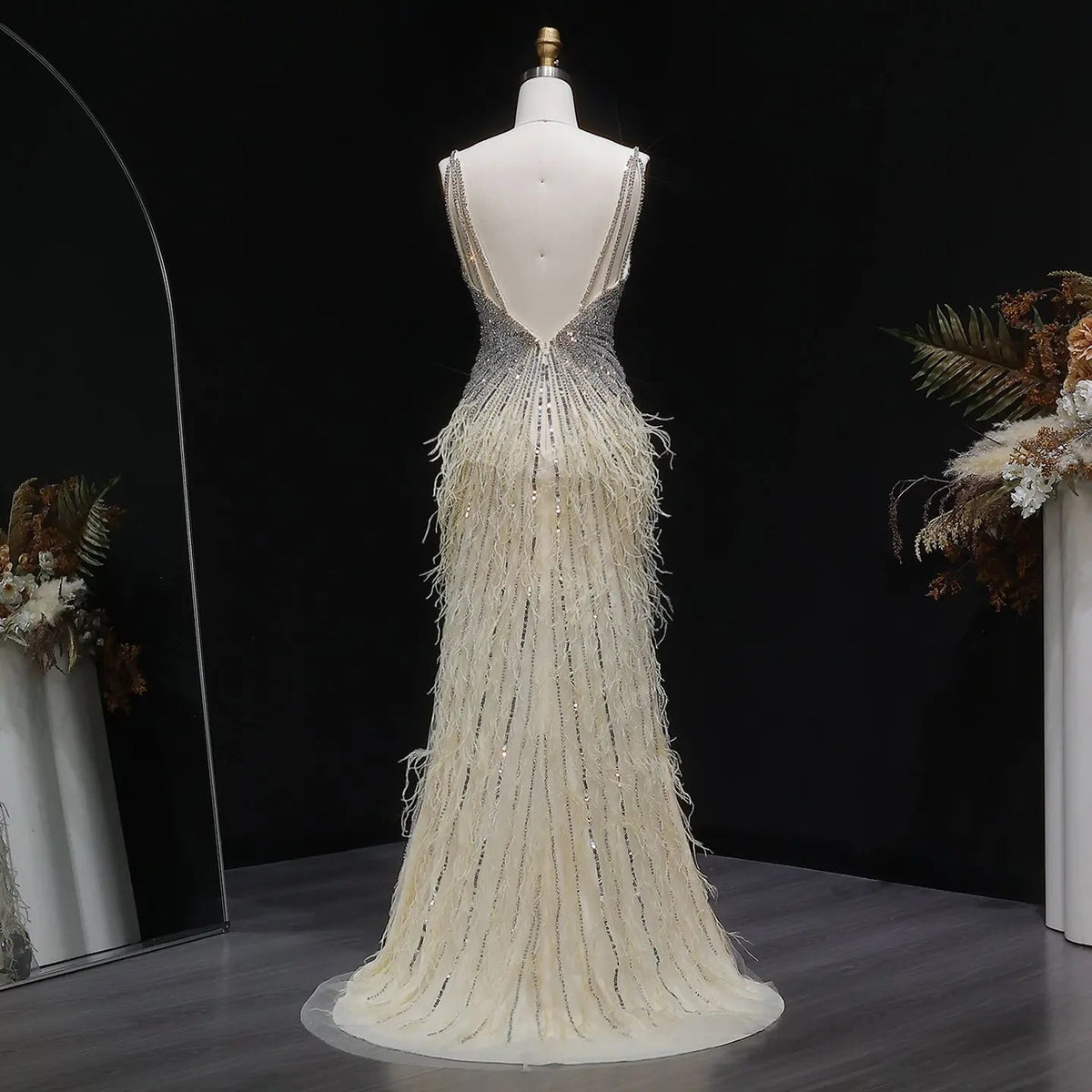 Luxury Beaded Blue Mermaid Feathers Prom Dress SS004