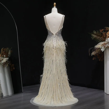 Luxury Beaded Blue Mermaid Feathers Prom Dress SS004