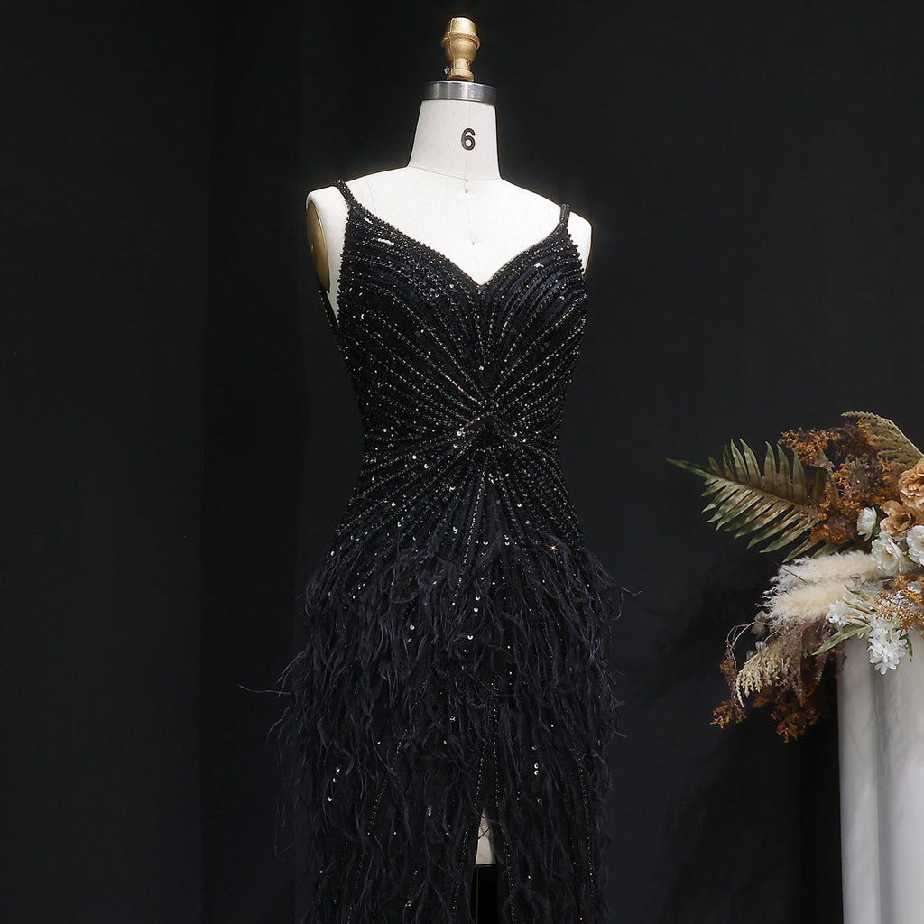 Luxury Beaded Blue Mermaid Feathers Evening Dress SS004