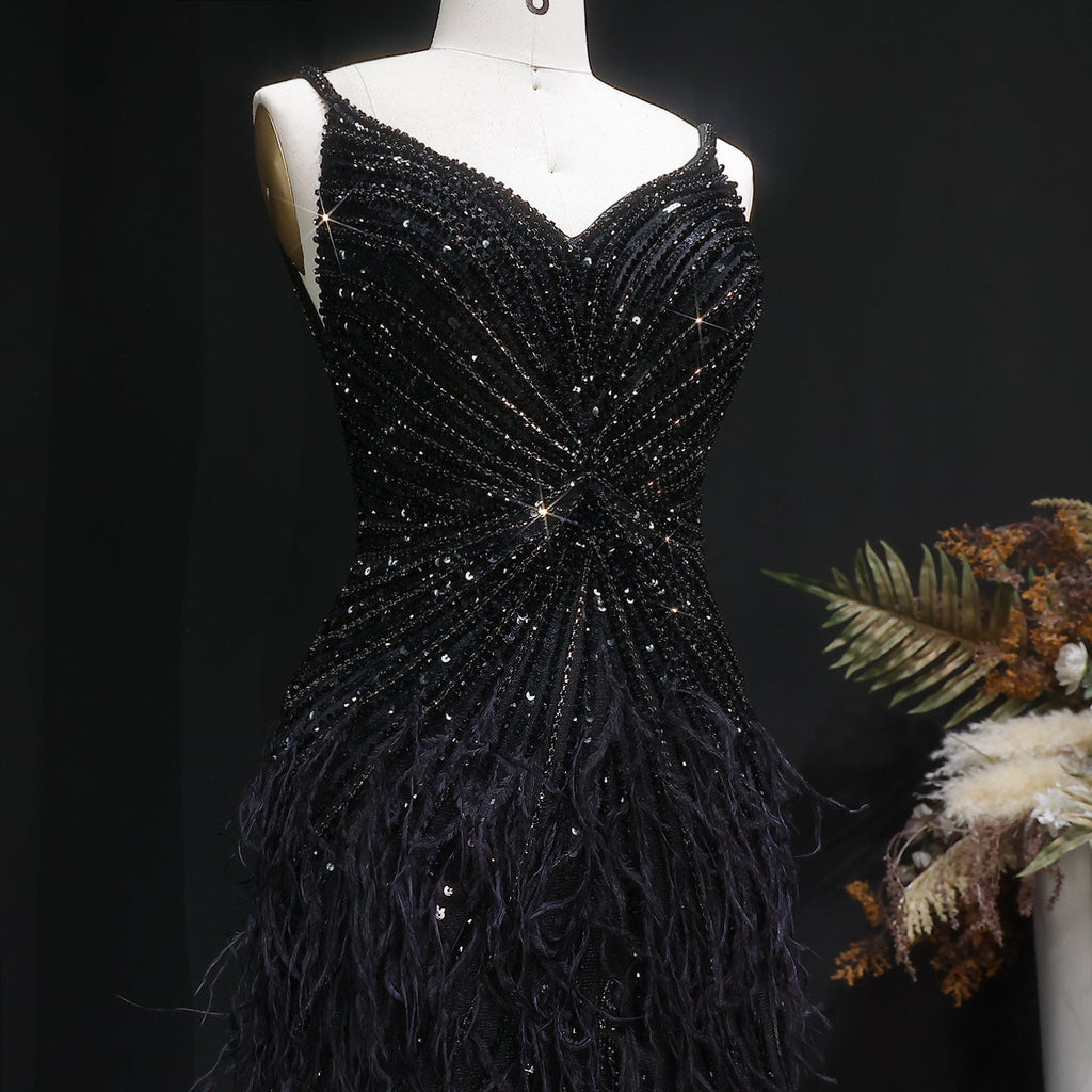 Luxury Beaded Blue Mermaid Feathers Evening Dress SS004