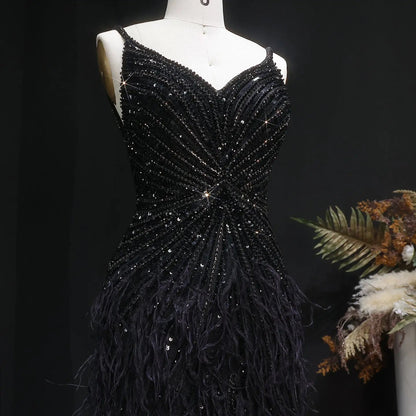 Luxury Beaded Blue Mermaid Feathers Prom Dress SS004