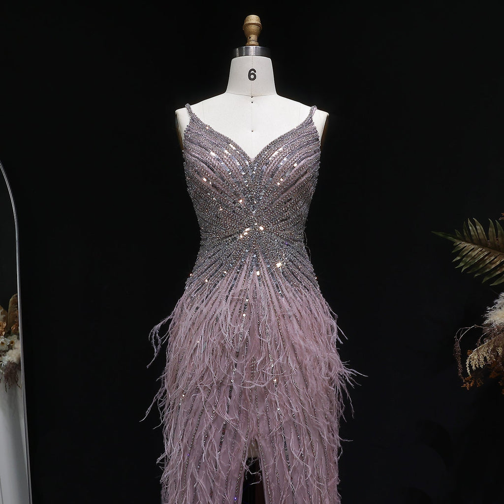 Luxury Beaded Blue Mermaid Feathers Evening Dress SS004