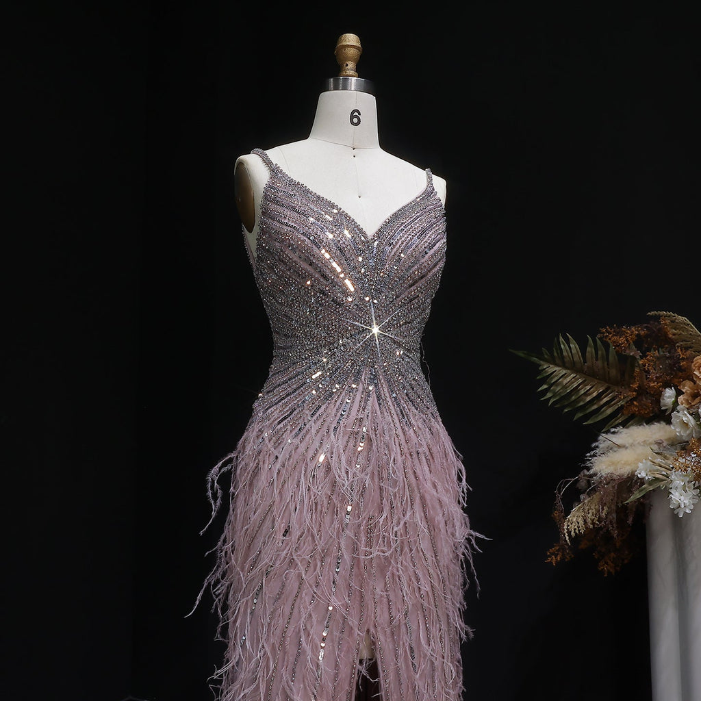 Luxury Beaded Blue Mermaid Feathers Evening Dress SS004
