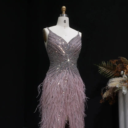 Luxury Beaded Blue Mermaid Feathers Prom Dress SS004