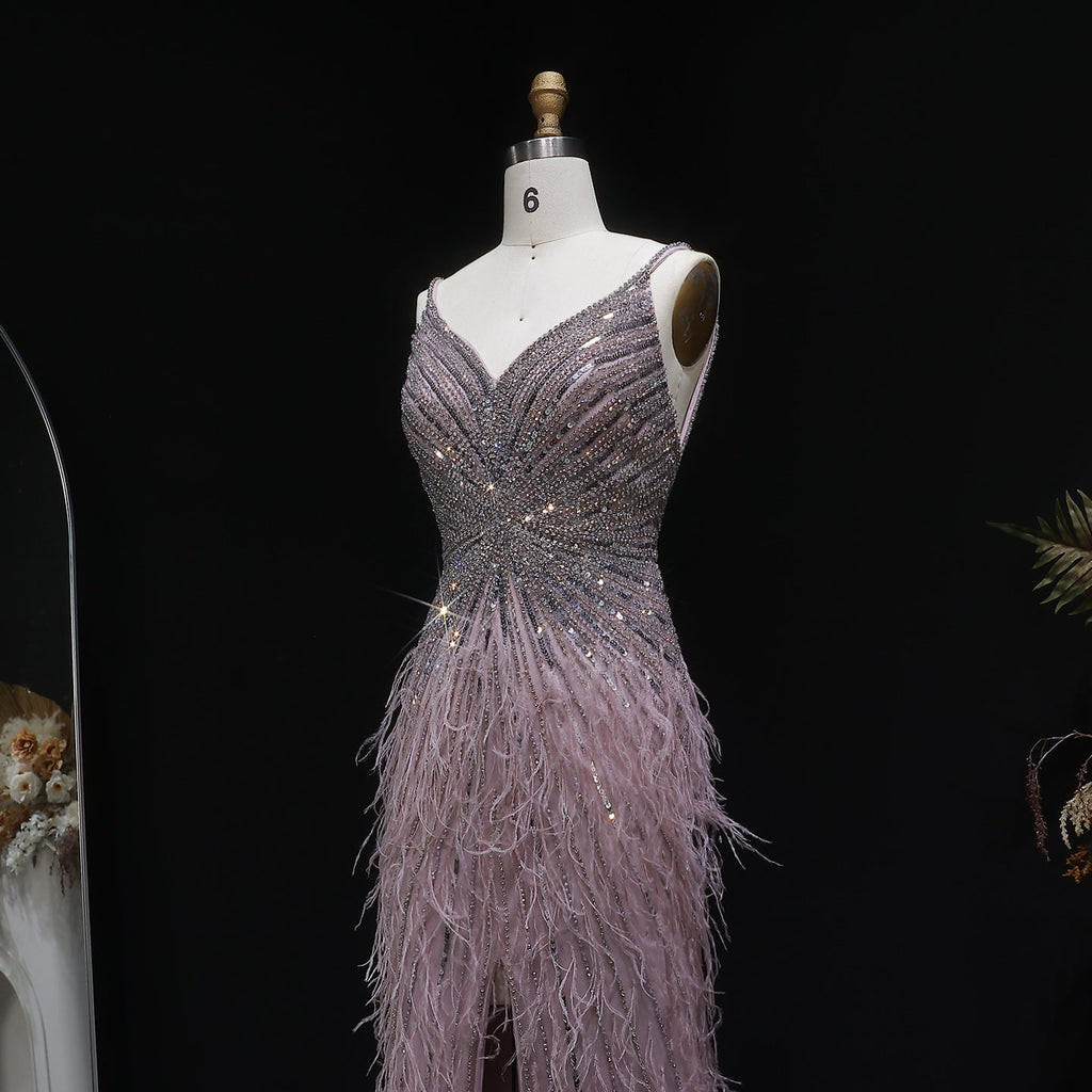 Luxury Beaded Blue Mermaid Feathers Evening Dress SS004