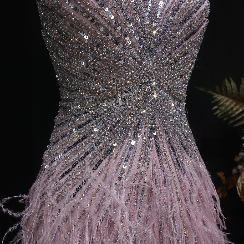 Luxury Beaded Blue Mermaid Feathers Evening Dress SS004