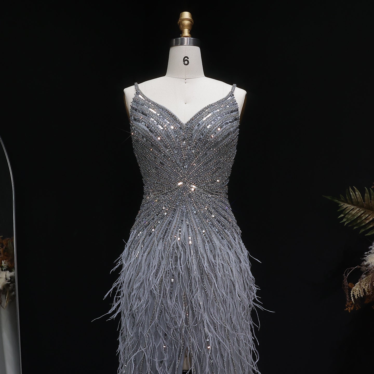 Luxury Beaded Blue Mermaid Feathers Evening Dress SS004