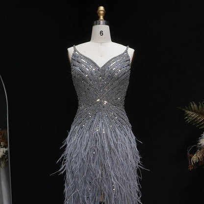 Luxury Beaded Blue Mermaid Feathers Prom Dress SS004