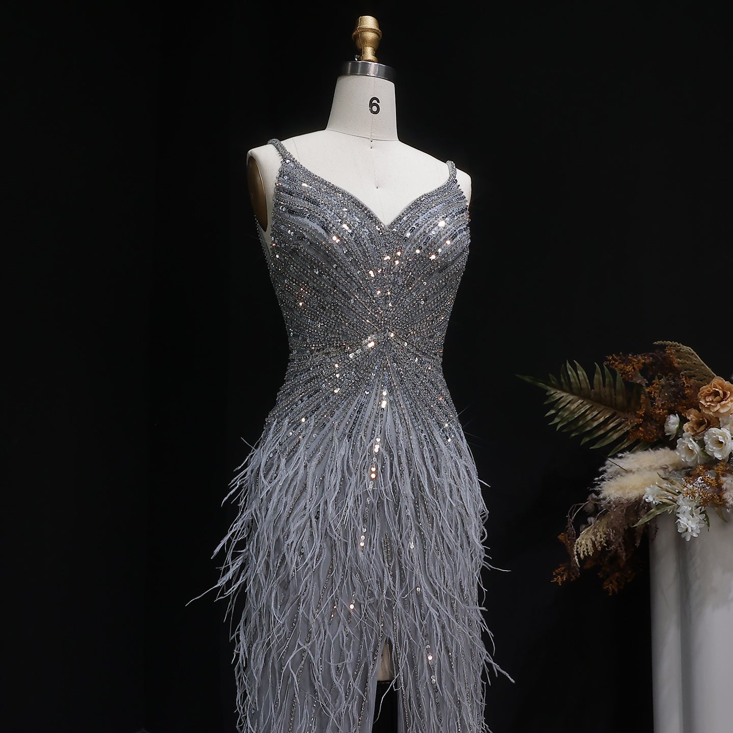 Luxury Beaded Blue Mermaid Feathers Evening Dress SS004