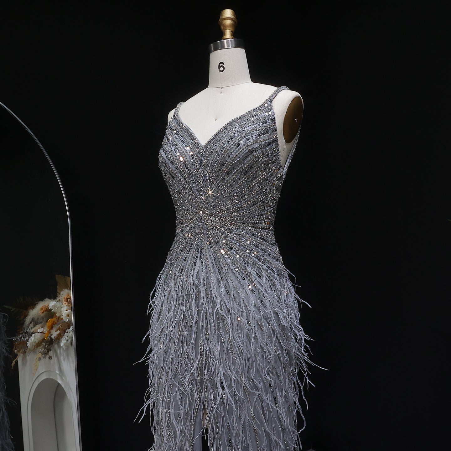 Luxury Beaded Blue Mermaid Feathers Evening Dress SS004