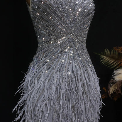 Luxury Beaded Blue Mermaid Feathers Prom Dress SS004