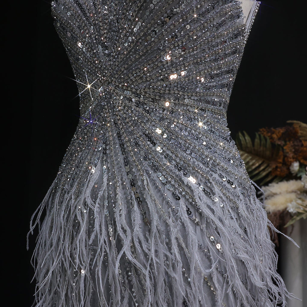 Luxury Beaded Blue Mermaid Feathers Evening Dress SS004