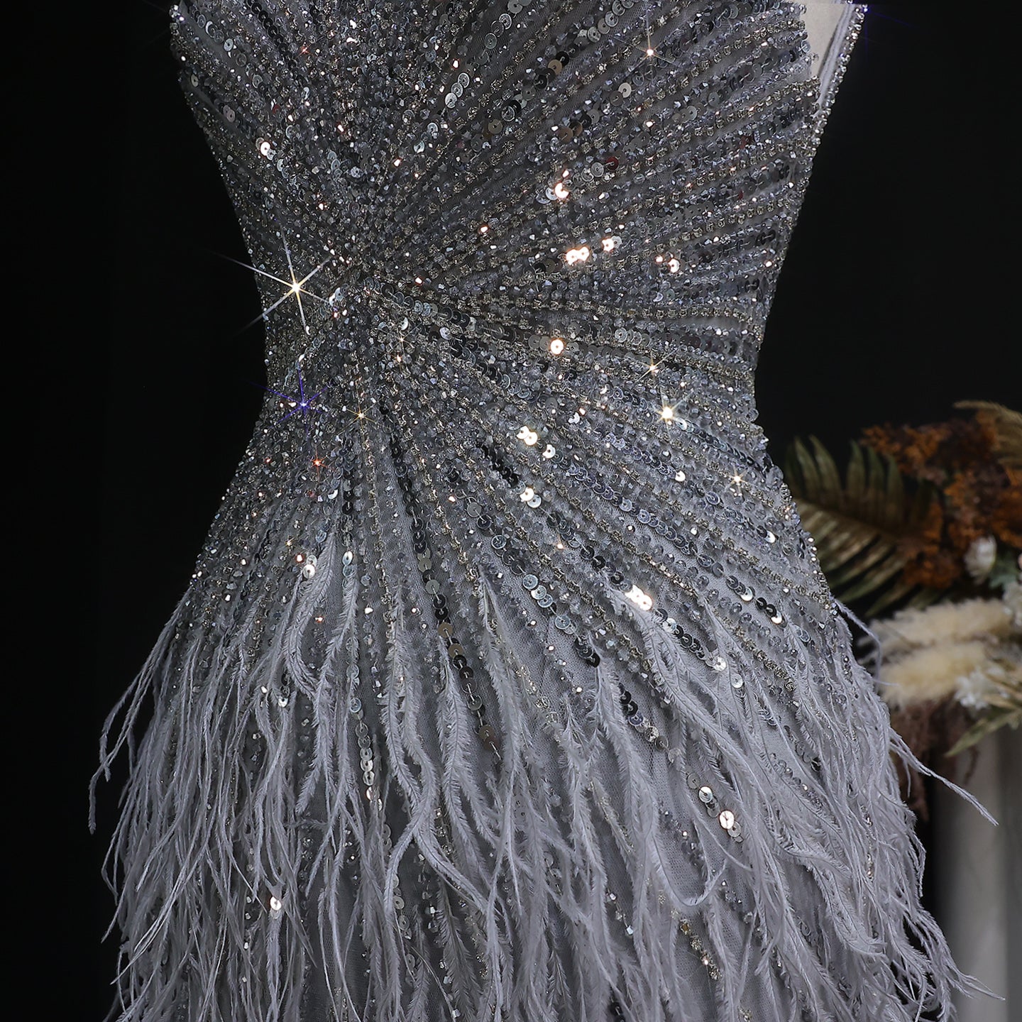 Luxury Beaded Blue Mermaid Feathers Evening Dress SS004