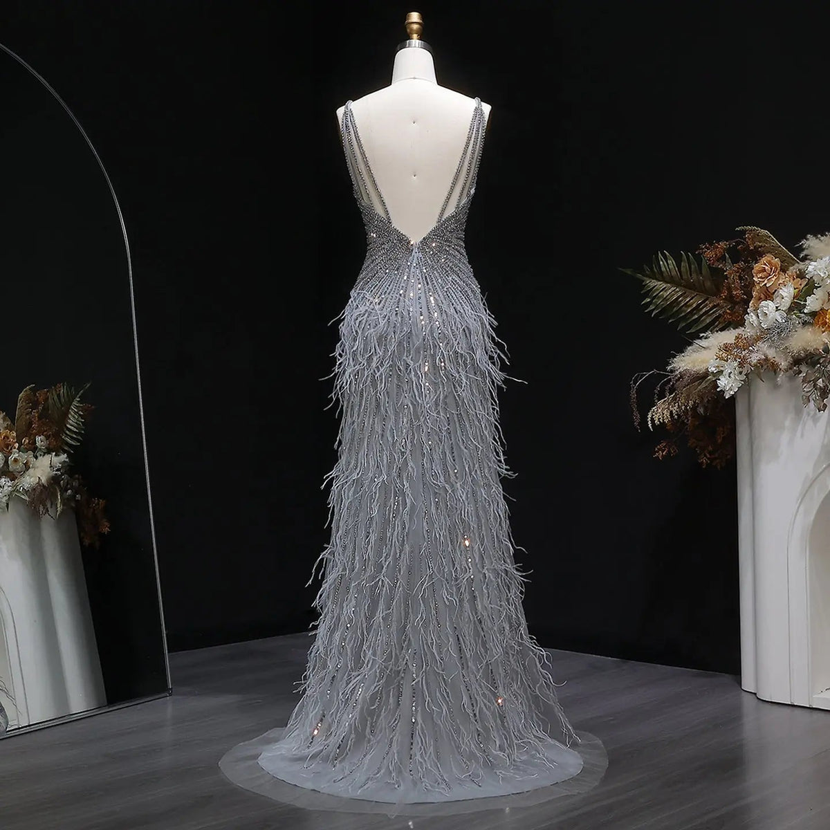 Luxury Beaded Blue Mermaid Feathers Prom Dress SS004