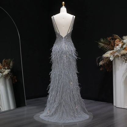 Luxury Beaded Blue Mermaid Feathers Prom Dress SS004