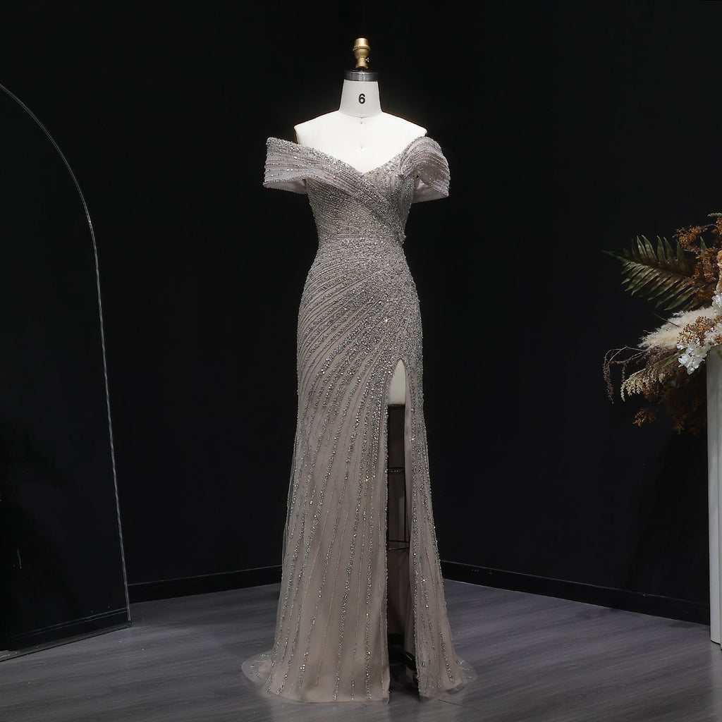 Elegant Champagne Sequin Off-the-Shoulder High Slit Evening Dress SS007