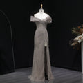 Elegant Champagne Sequin Off-the-Shoulder High Slit Evening Dress SS007