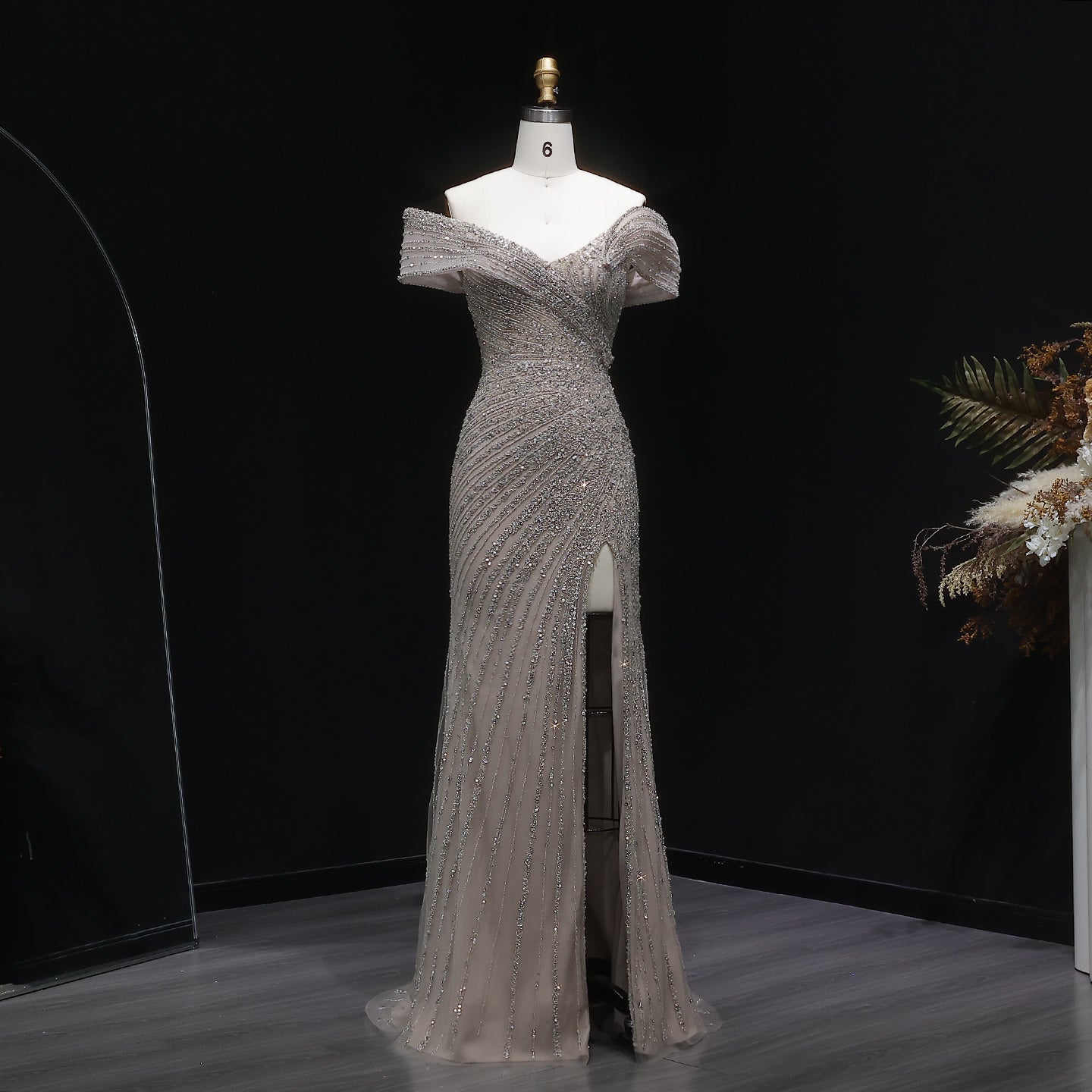 Elegant Champagne Sequin Off-the-Shoulder High Slit Evening Dress SS007