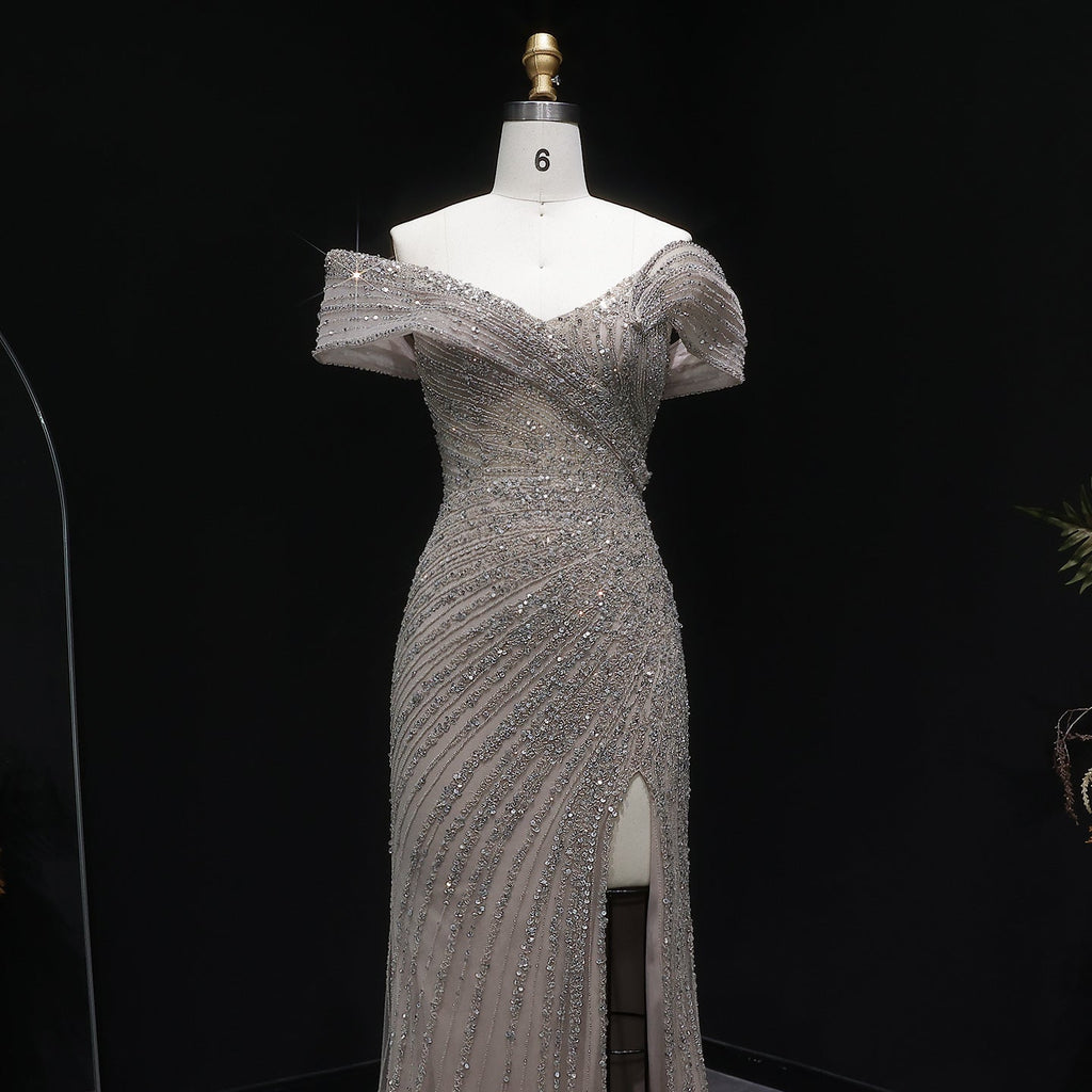 Elegant Champagne Sequin Off-the-Shoulder High Slit Evening Dress SS007