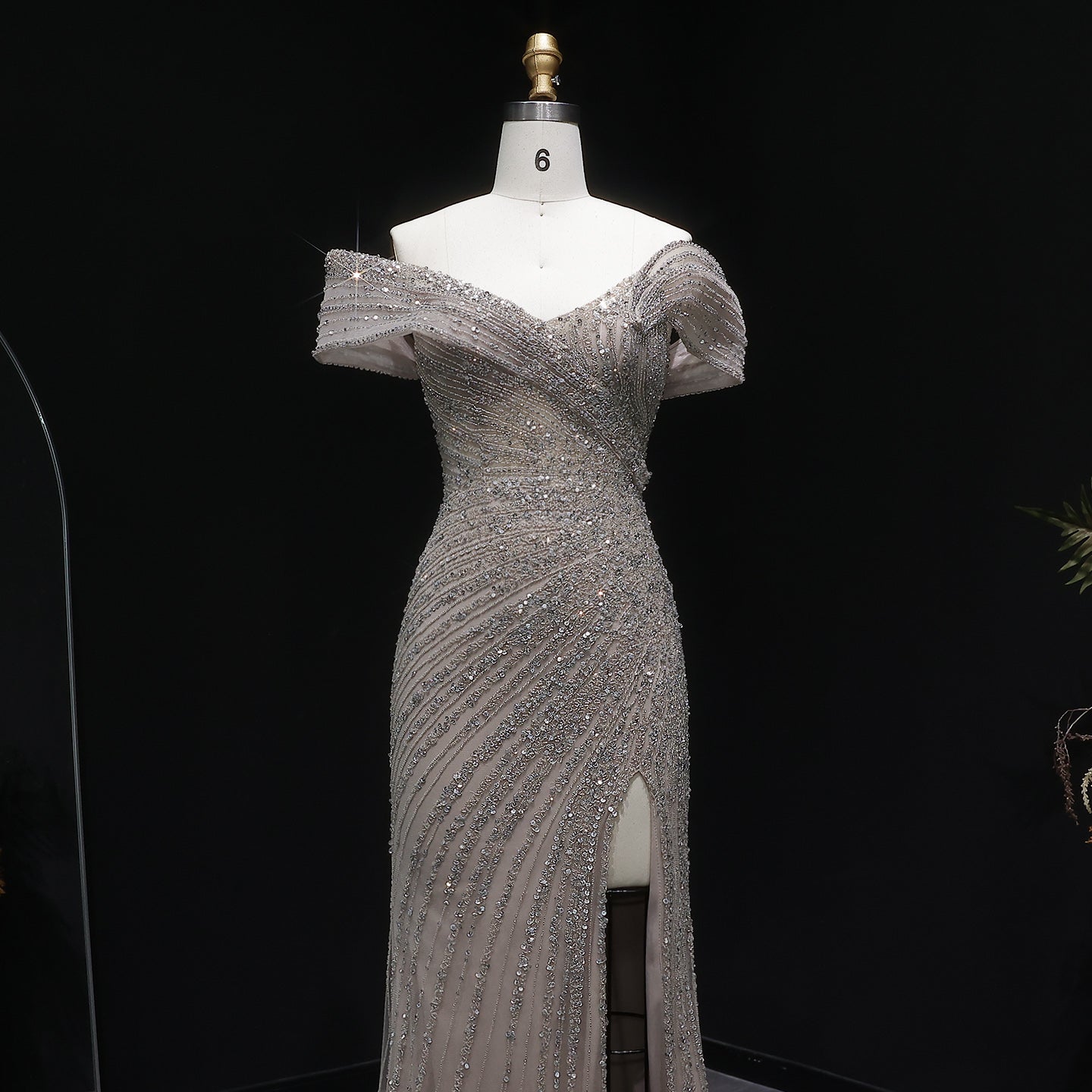 Elegant Champagne Sequin Off-the-Shoulder High Slit Evening Dress SS007