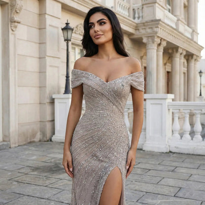 Luxury Champagne Sequin Off-the-Shoulder Evening Dress with High Slit SS007