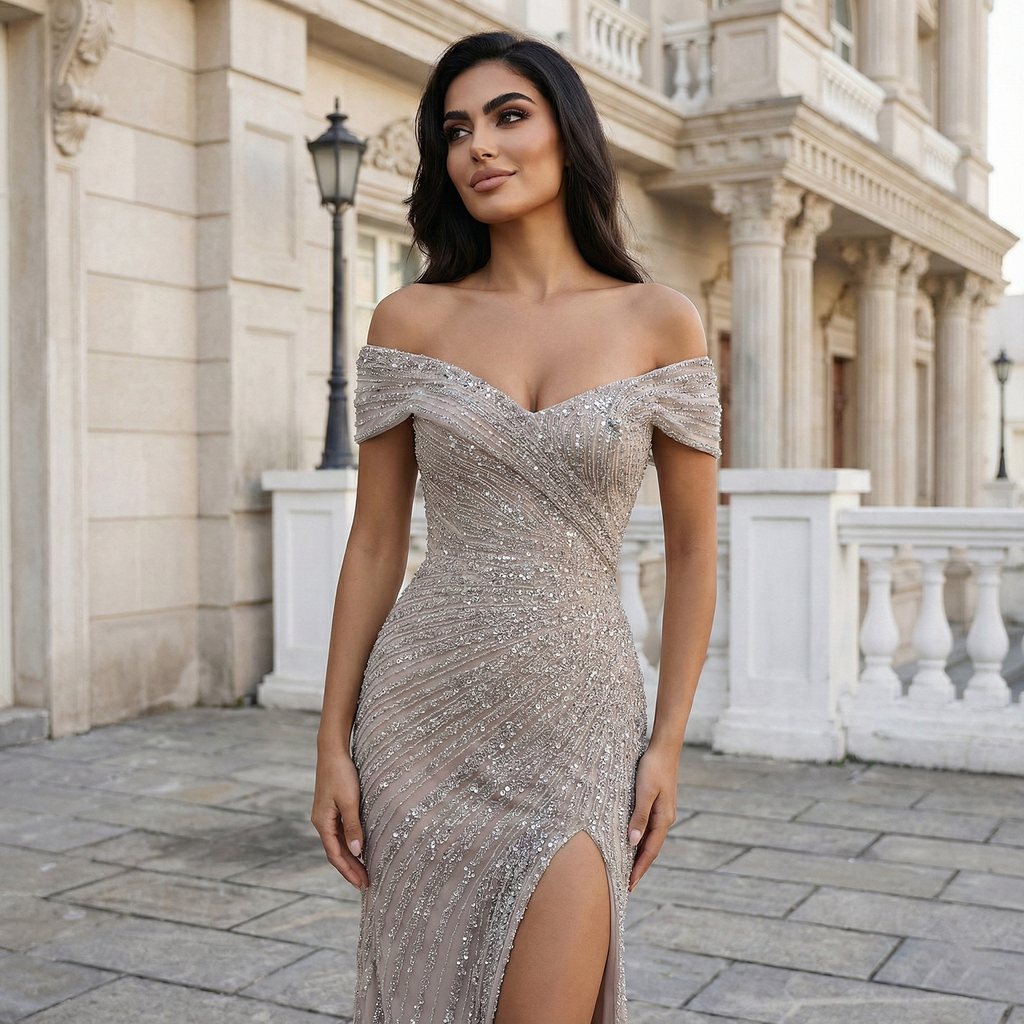 Elegant Champagne Sequin Off-the-Shoulder High Slit Evening Dress SS007