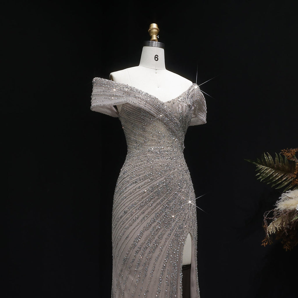 Elegant Champagne Sequin Off-the-Shoulder High Slit Evening Dress SS007