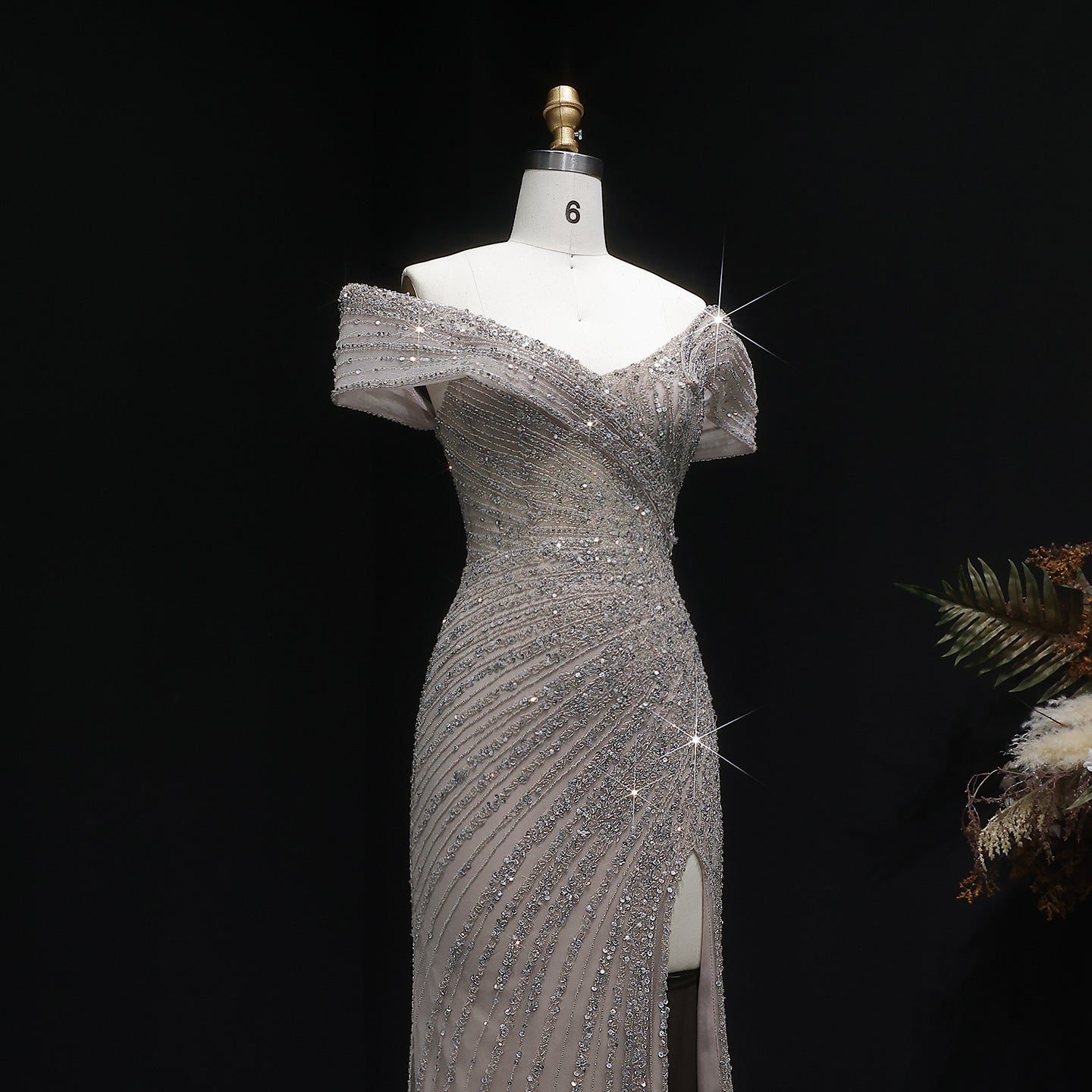Elegant Champagne Sequin Off-the-Shoulder High Slit Evening Dress SS007