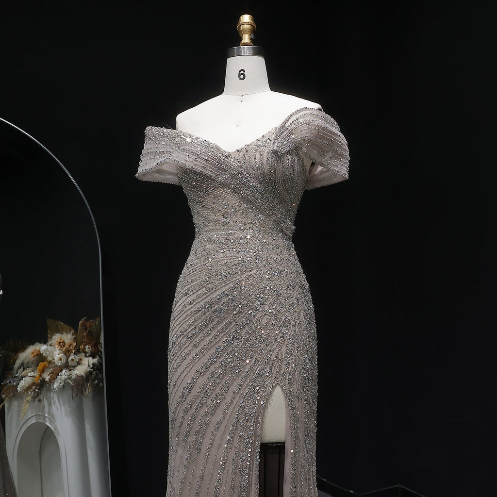 Elegant Champagne Sequin Off-the-Shoulder High Slit Evening Dress SS007
