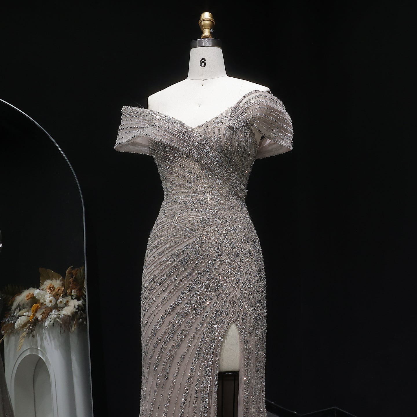 Elegant Champagne Sequin Off-the-Shoulder High Slit Evening Dress SS007