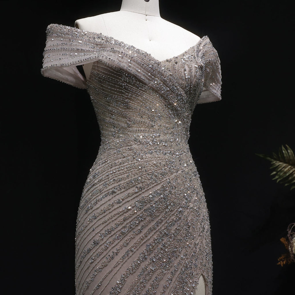 Elegant Champagne Sequin Off-the-Shoulder High Slit Evening Dress SS007