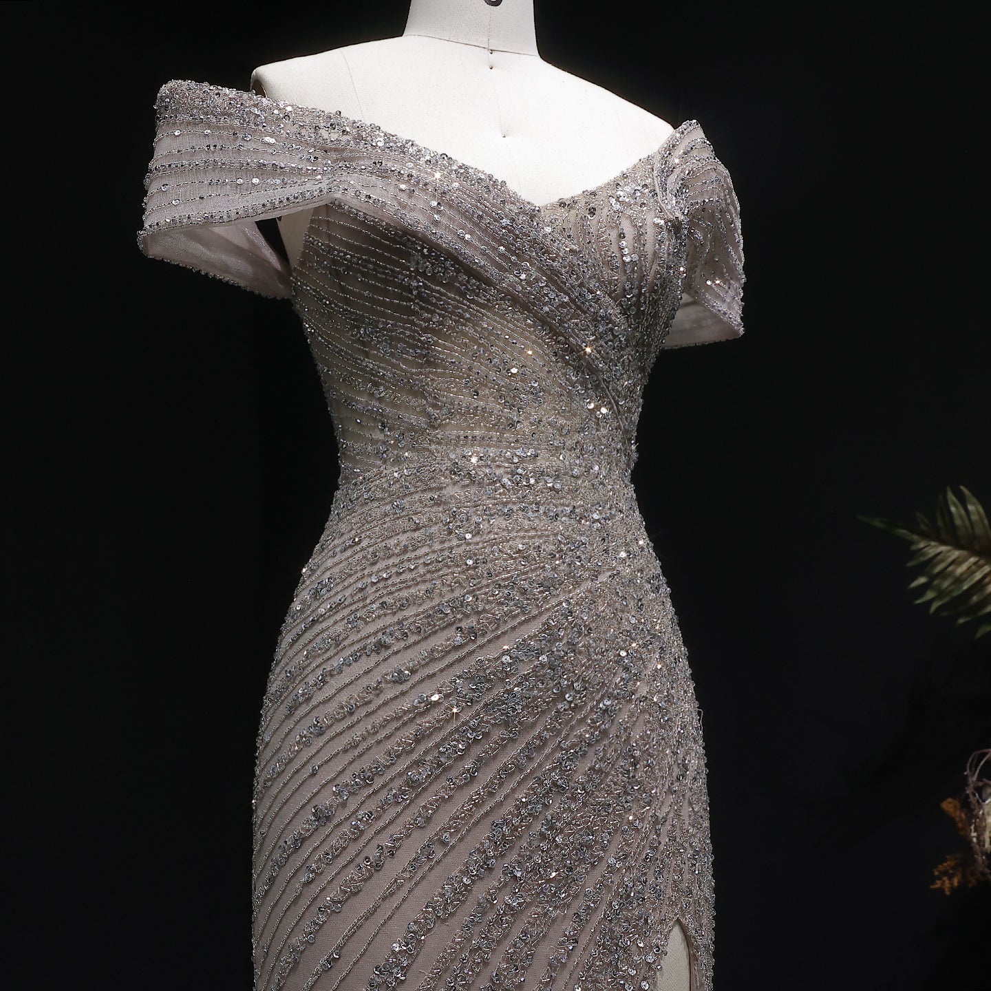 Elegant Champagne Sequin Off-the-Shoulder High Slit Evening Dress SS007