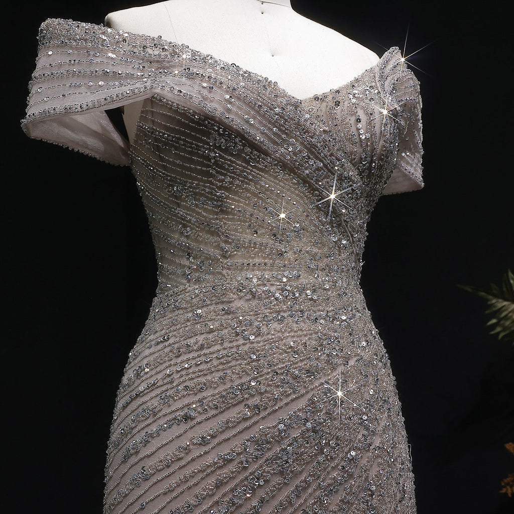 Elegant Champagne Sequin Off-the-Shoulder High Slit Evening Dress SS007