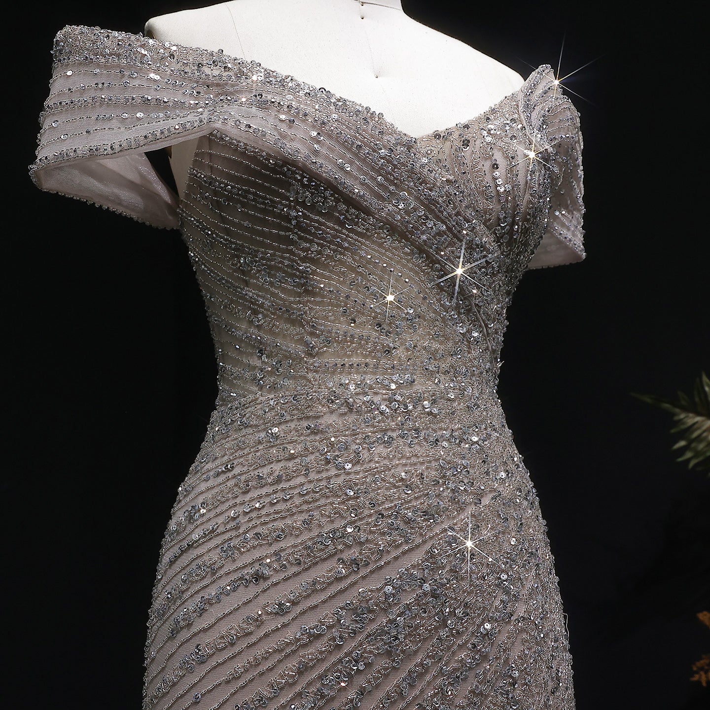 Elegant Champagne Sequin Off-the-Shoulder High Slit Evening Dress SS007