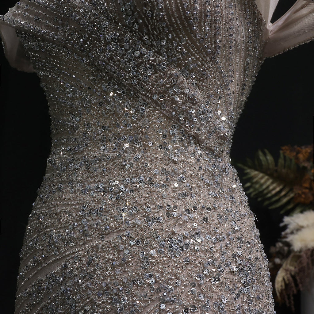 Elegant Champagne Sequin Off-the-Shoulder High Slit Evening Dress SS007