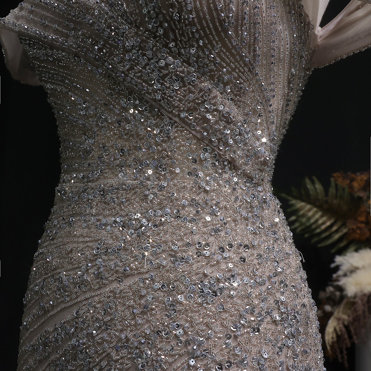 Elegant Champagne Sequin Off-the-Shoulder High Slit Evening Dress SS007