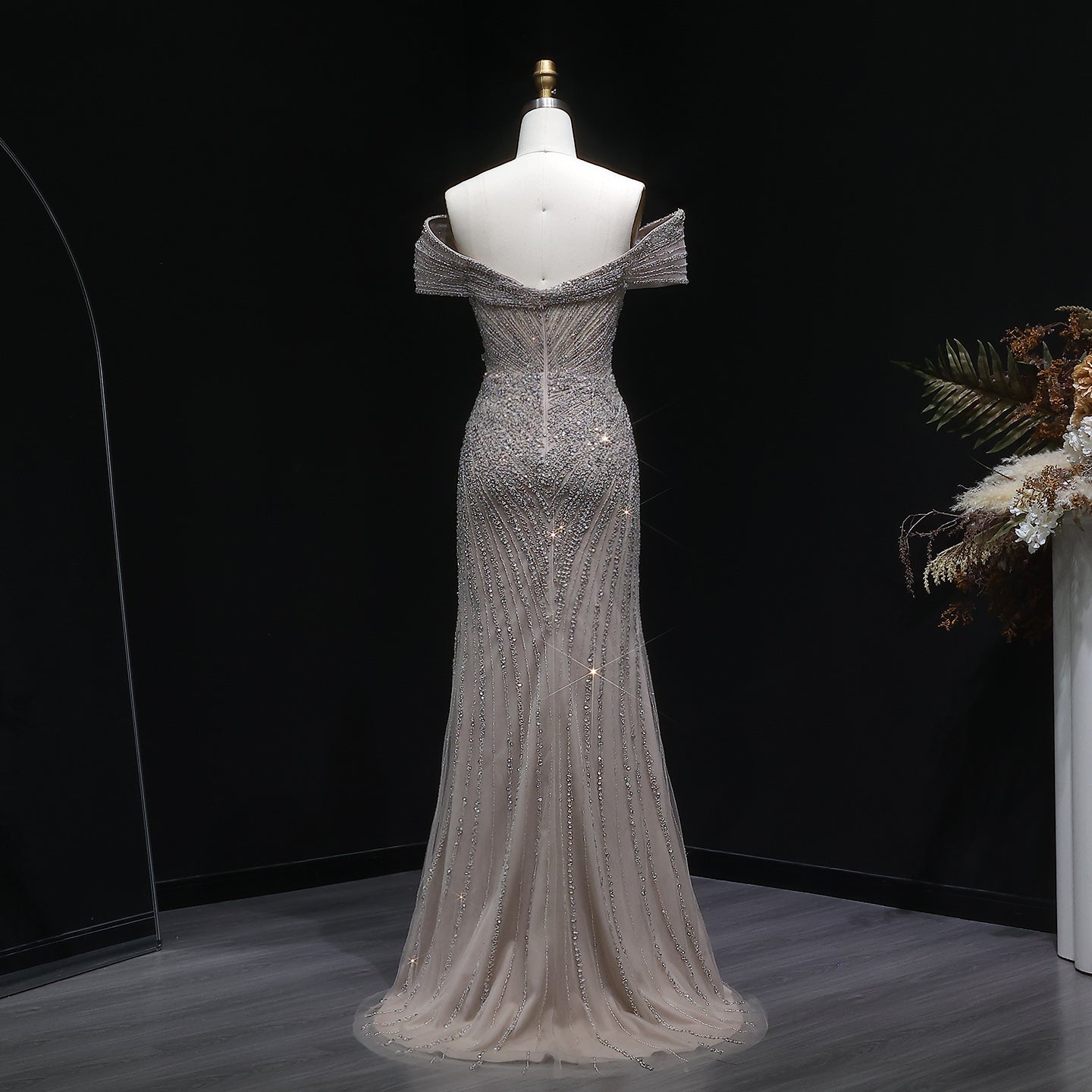 Elegant Champagne Sequin Off-the-Shoulder High Slit Evening Dress SS007