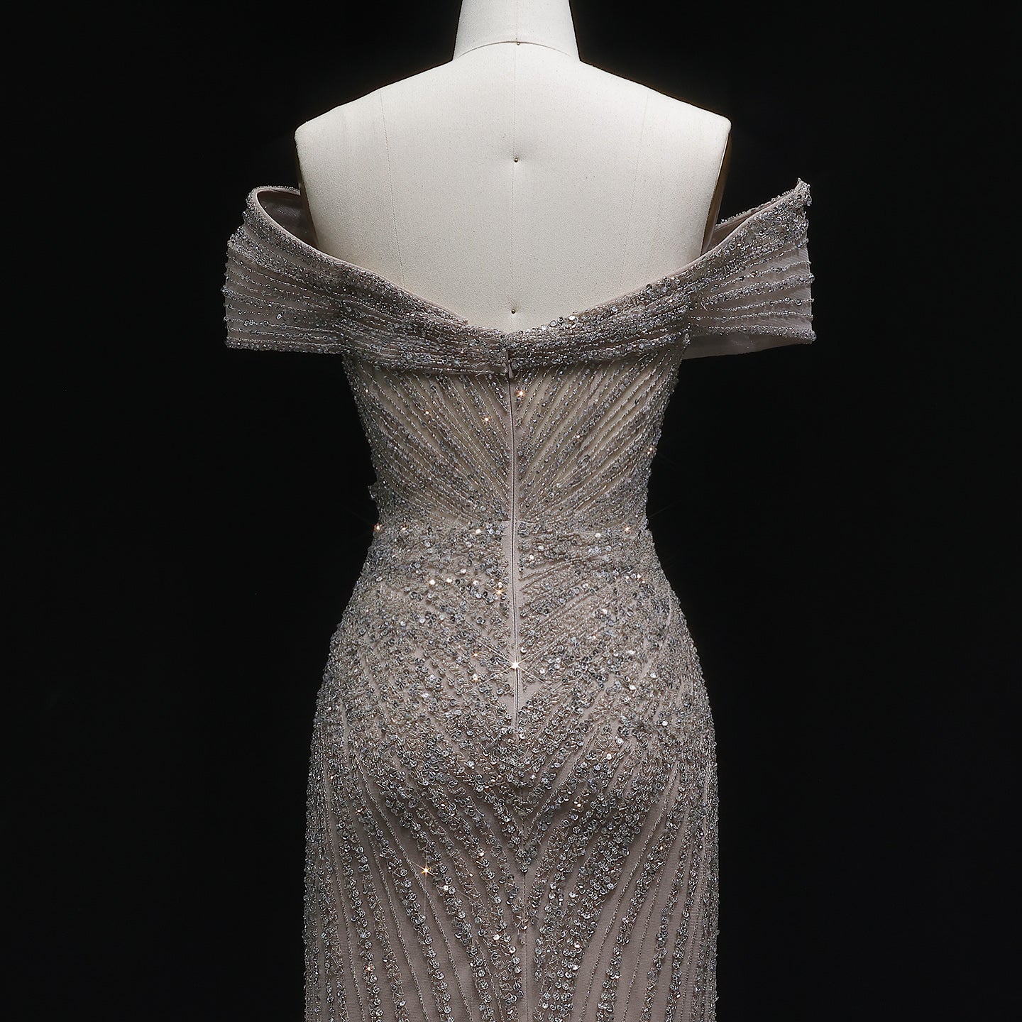 Elegant Champagne Sequin Off-the-Shoulder High Slit Evening Dress SS007