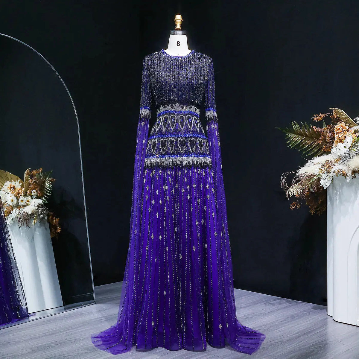 Luxury Purple Beaded Crystal Cape Sleeve Evening Dress SS009
