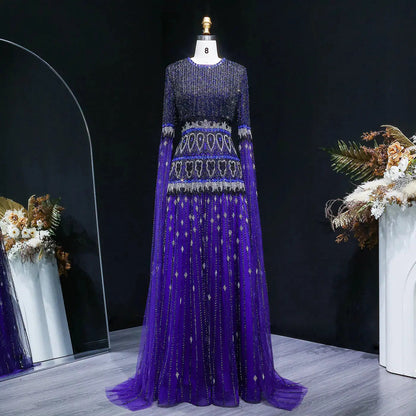 Luxury Purple Beaded Crystal Cape Sleeve Evening Dress SS009