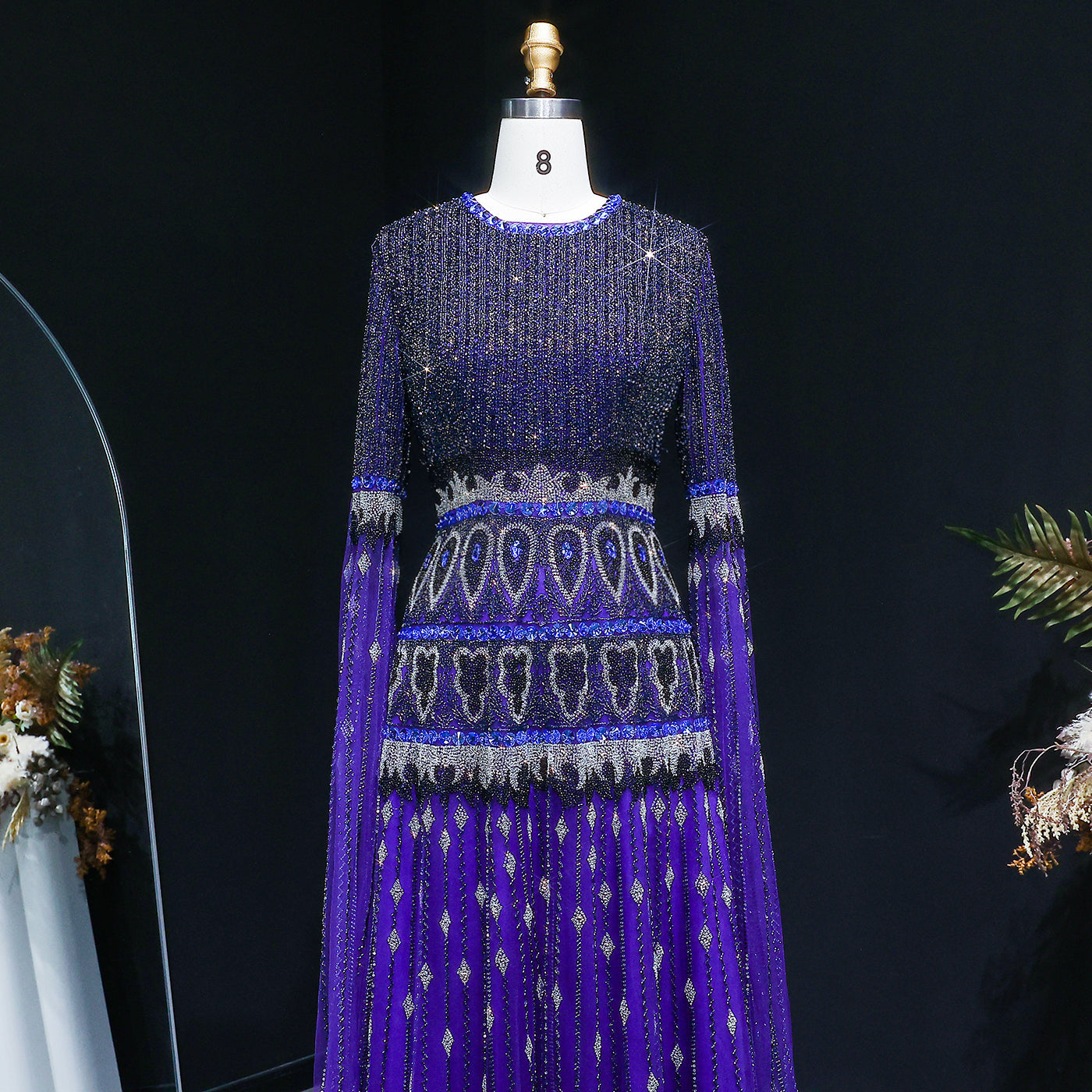 Purple Beaded Crystal Cape Sleeve Luxury Evening Dress SS009