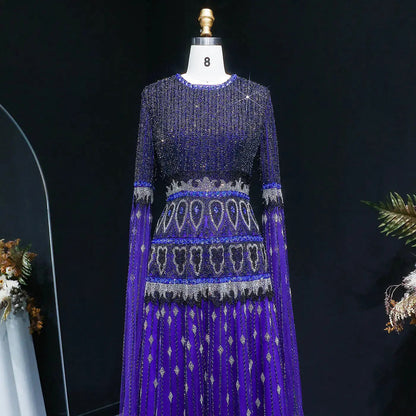 Luxury Purple Beaded Crystal Cape Sleeve Evening Dress SS009