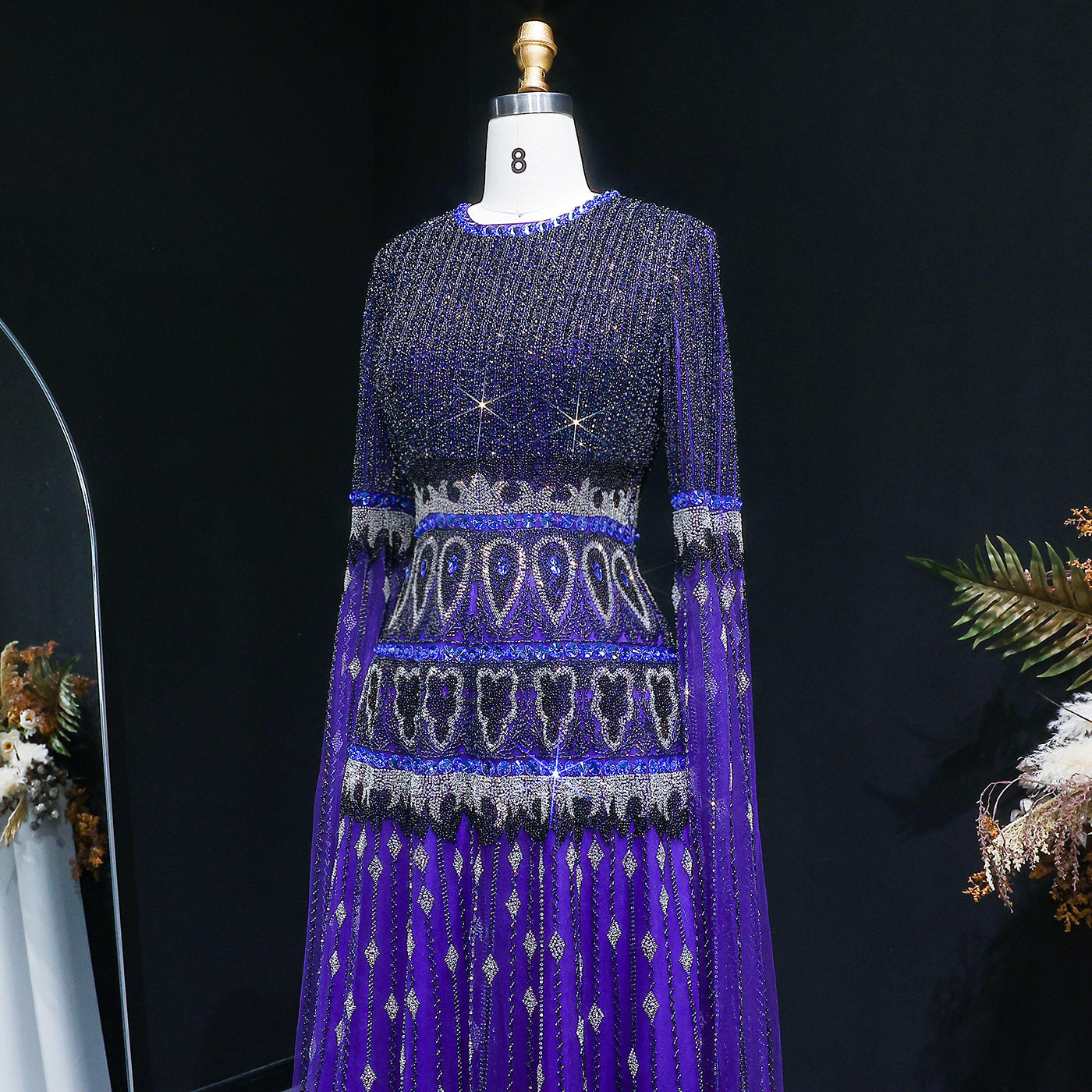 Purple Beaded Crystal Cape Sleeve Luxury Evening Dress SS009